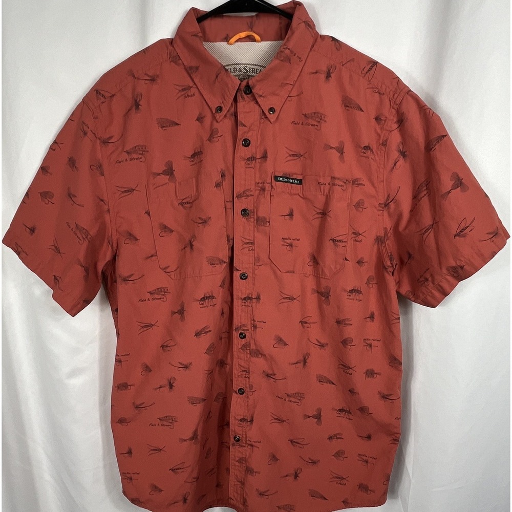 Field & Stream Men's XL Short Sleeve Red Fly Fishing Lure Print Button-Up Shirt